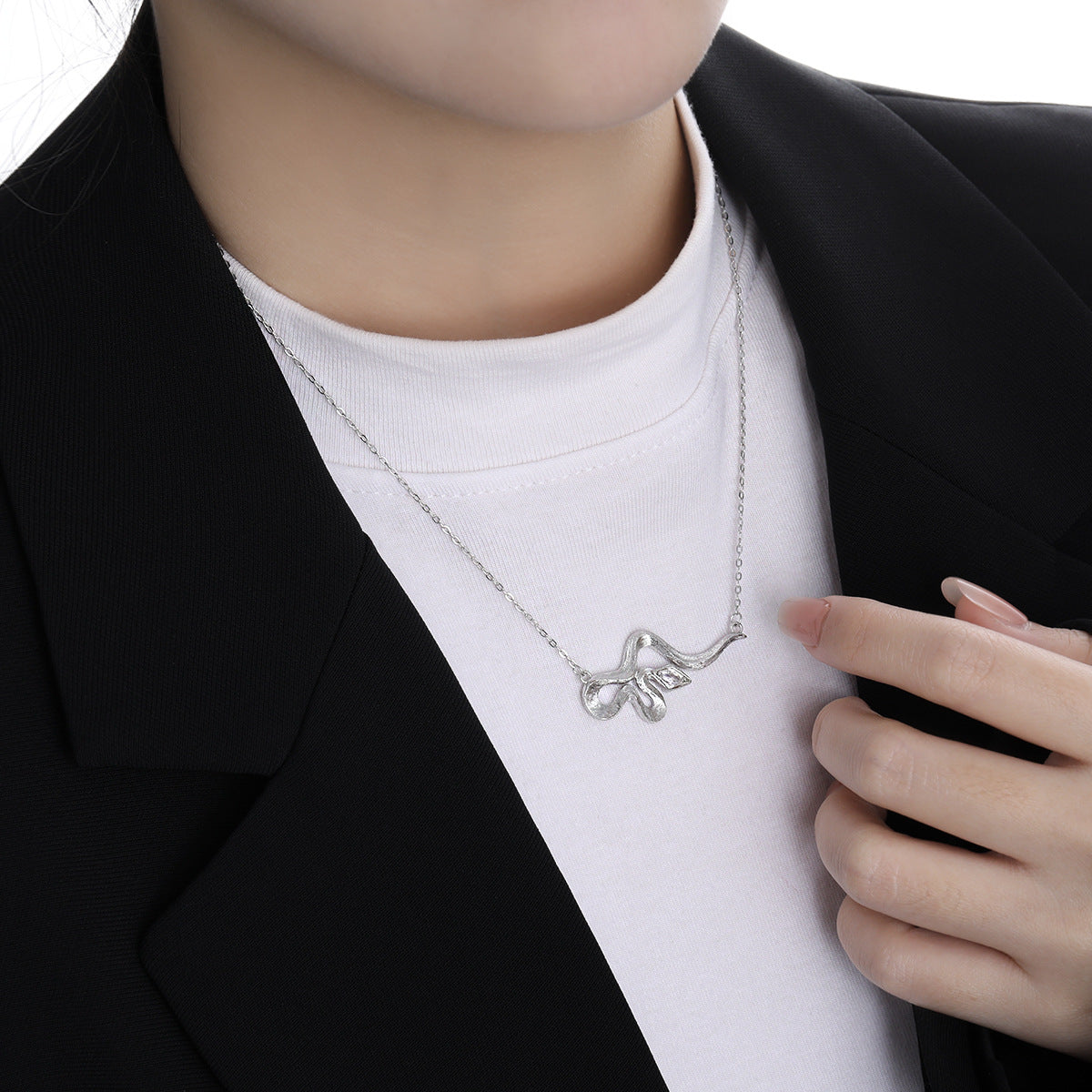 Modern Rhombus CZ Curved Snake 925 Sterling Silver Necklace